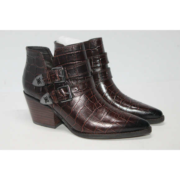 Sam Edelman Windsor Double Buckle‎ Croc Embossed Leather Brown Booties Size 6M - Picture 1 of 11